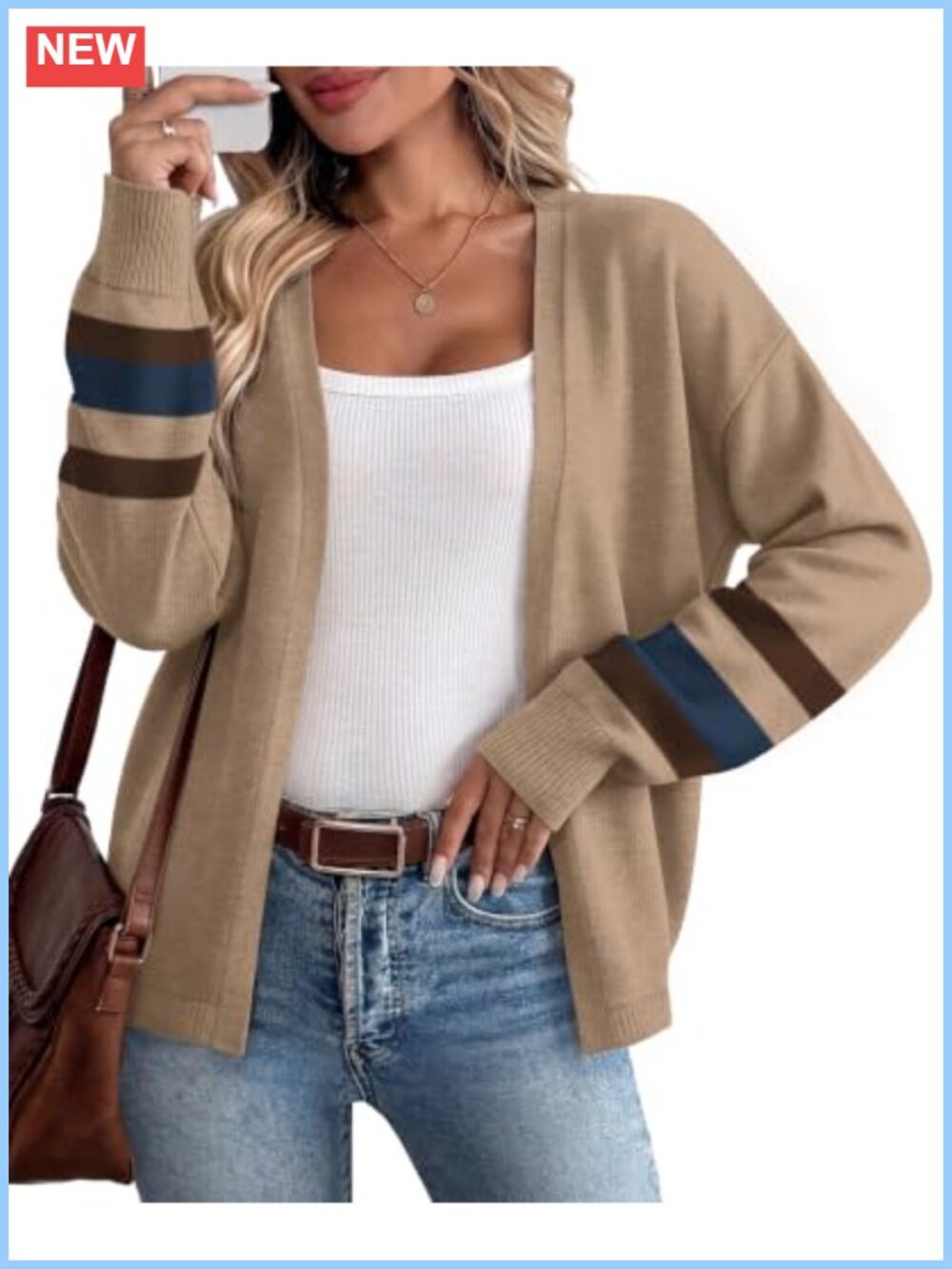Women Open Front Knit Cardigan Sweater with Striped Cuffs Balloon Sleeve